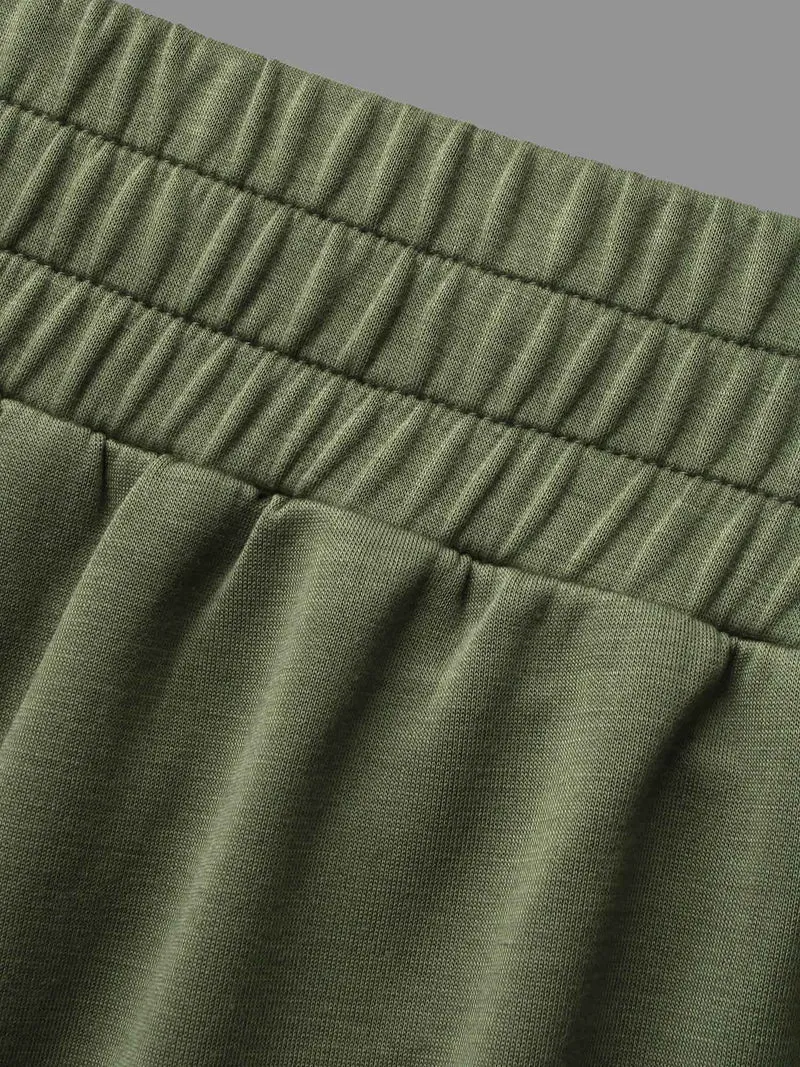 Solid Elastic Waist Mid Rise Pants