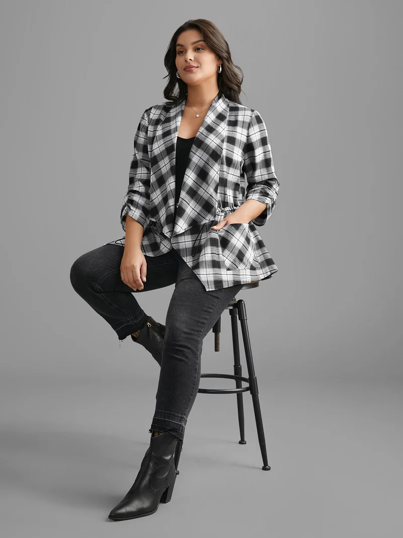 Plaid Drawstring Patched Pocket Coat