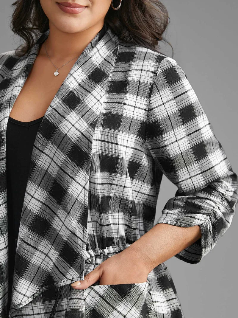 Plaid Drawstring Patched Pocket Coat