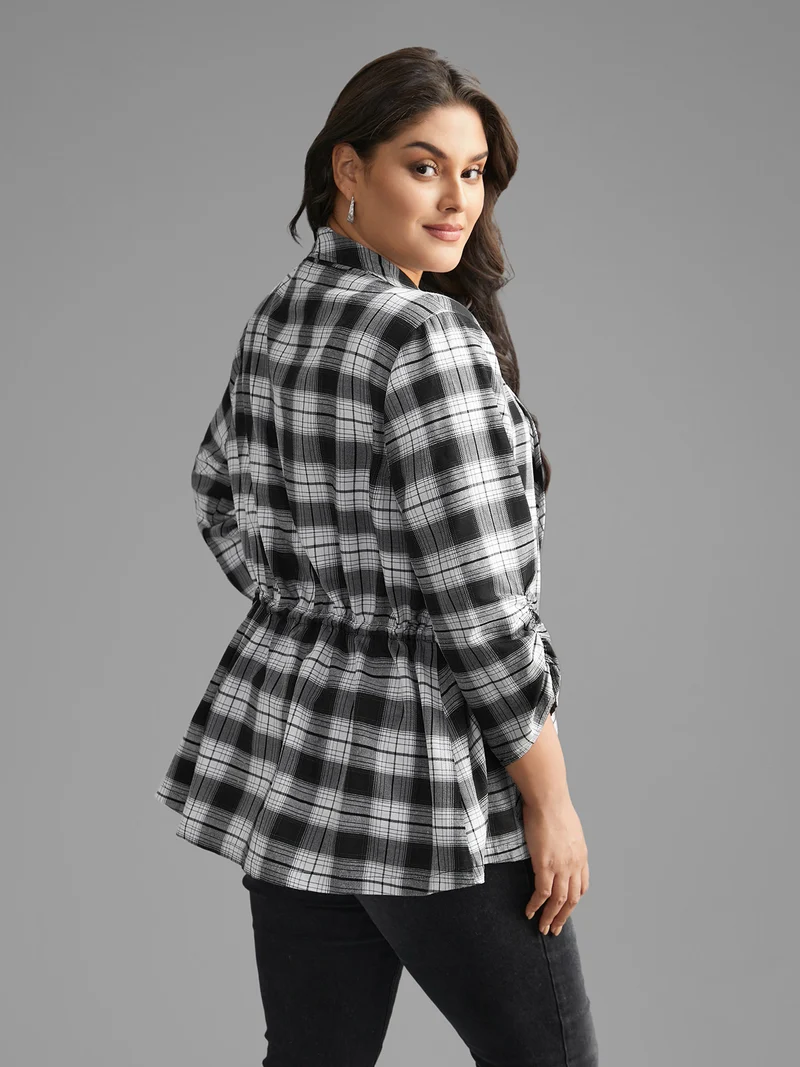 Plaid Drawstring Patched Pocket Coat