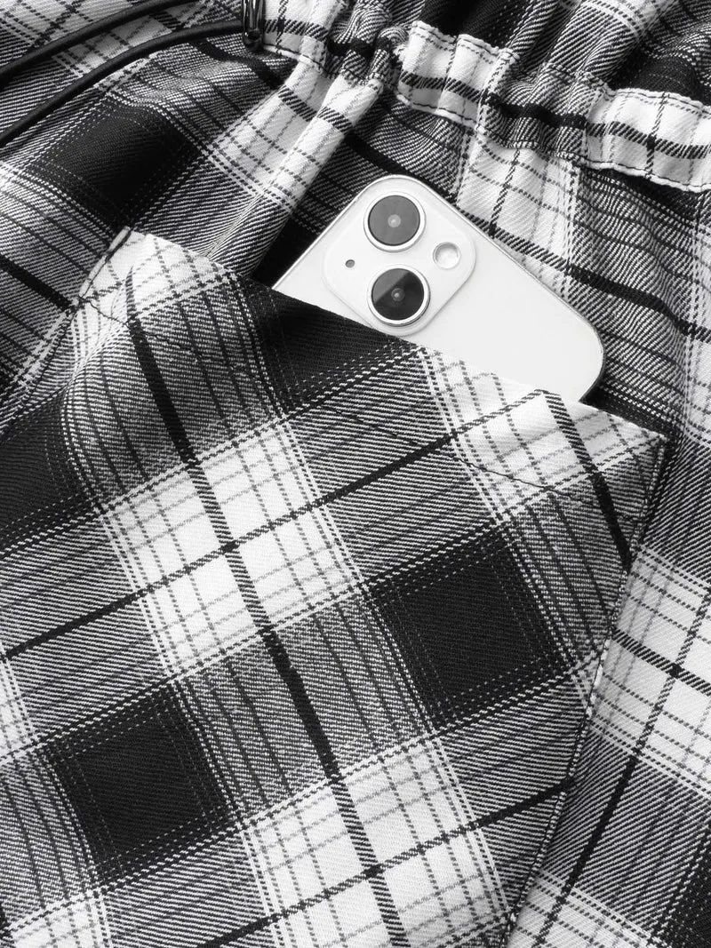 Plaid Drawstring Patched Pocket Coat