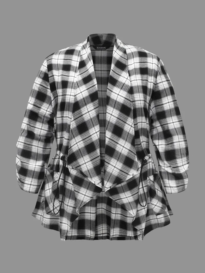 Plaid Drawstring Patched Pocket Coat