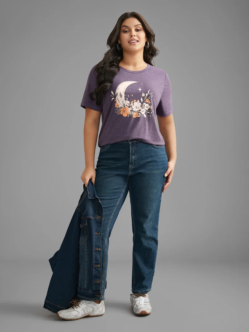 Round Neck Moon & Floral Print T-shirt