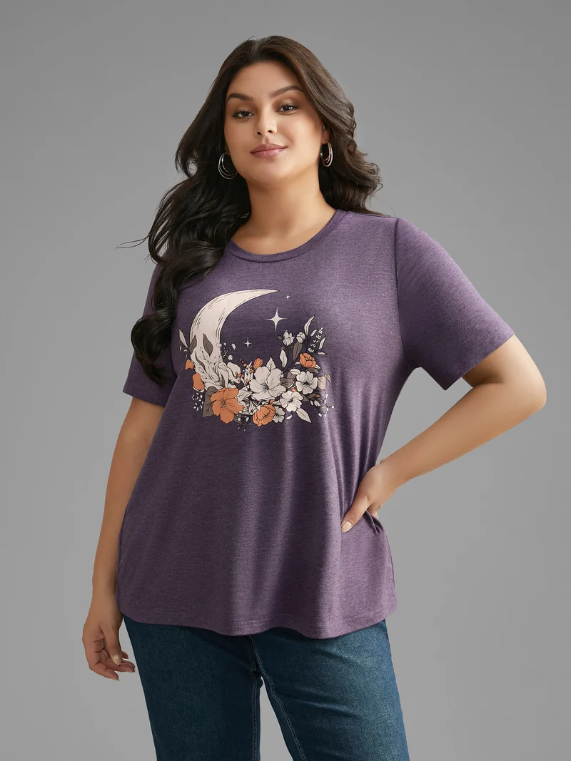 Round Neck Moon & Floral Print T-shirt