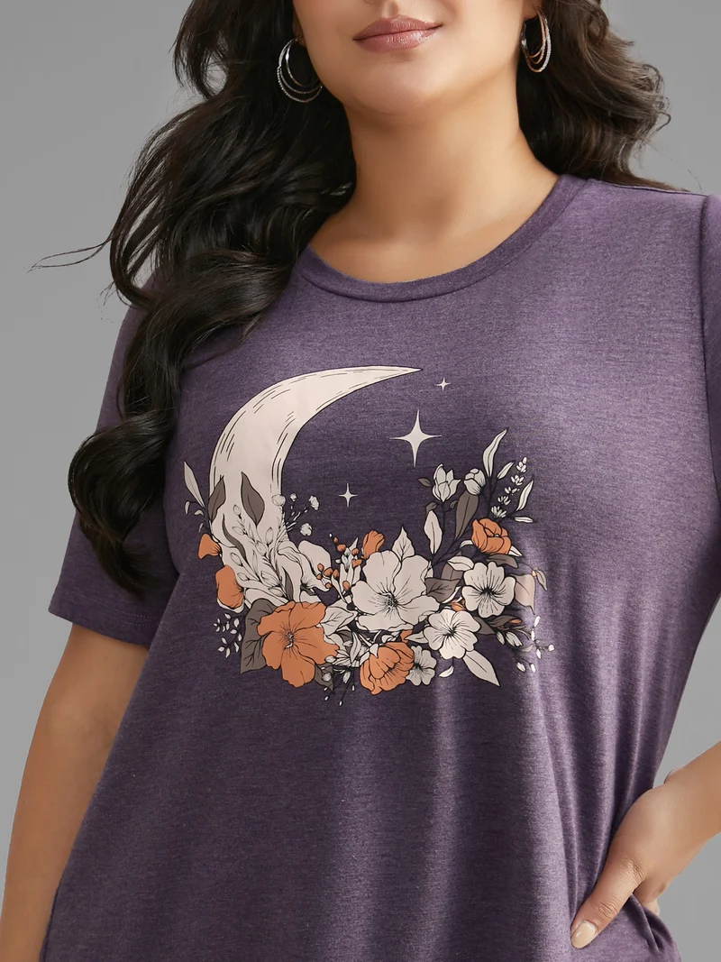 Round Neck Moon & Floral Print T-shirt