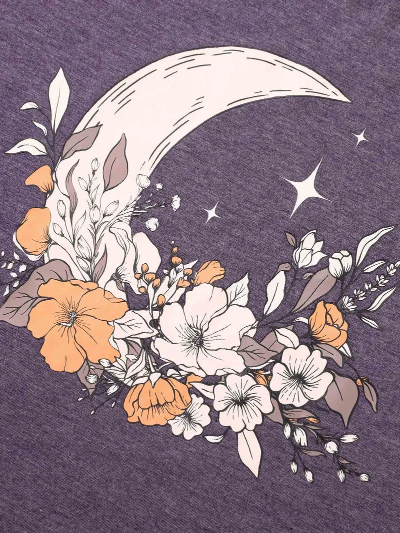 Round Neck Moon & Floral Print T-shirt