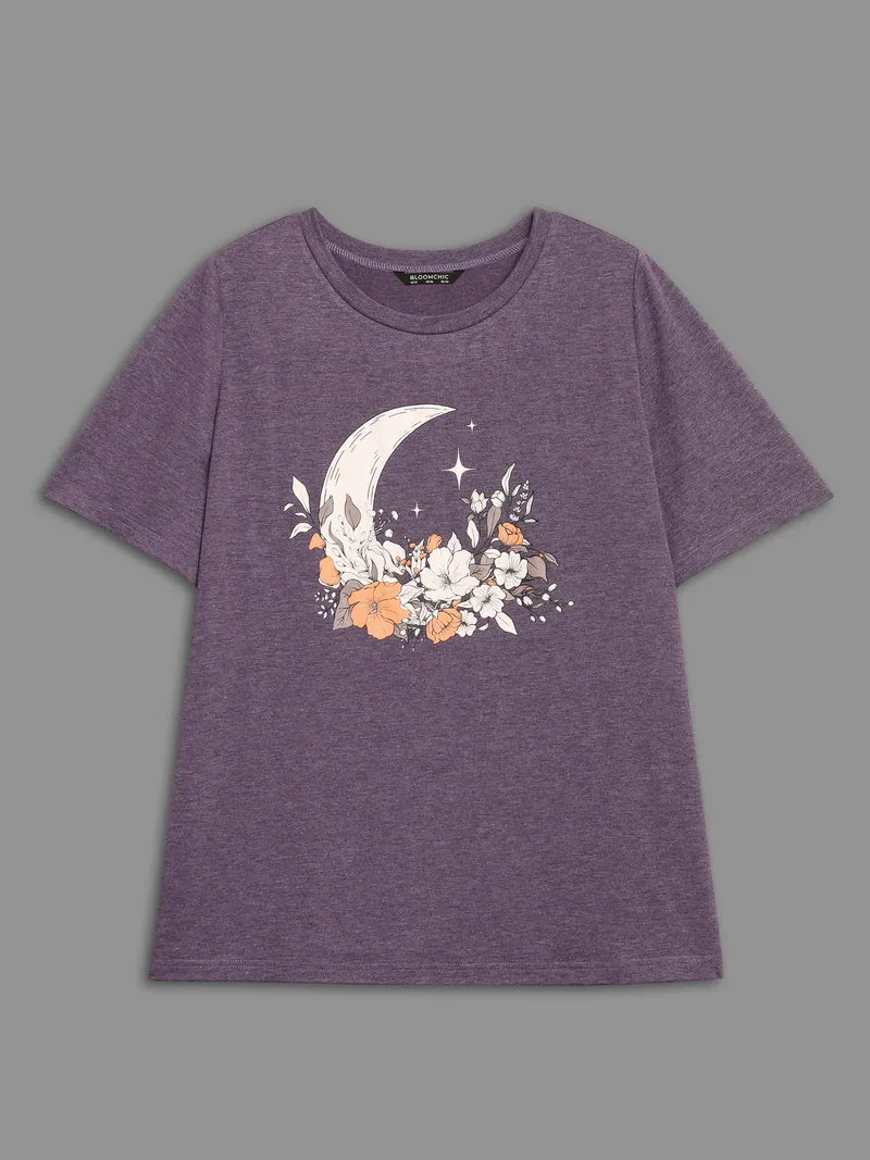 Round Neck Moon & Floral Print T-shirt