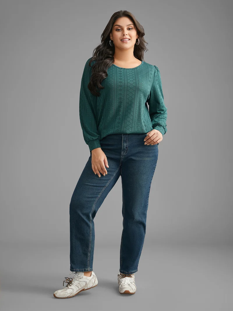 Plain Textured Lantern Sleeve T-shirt