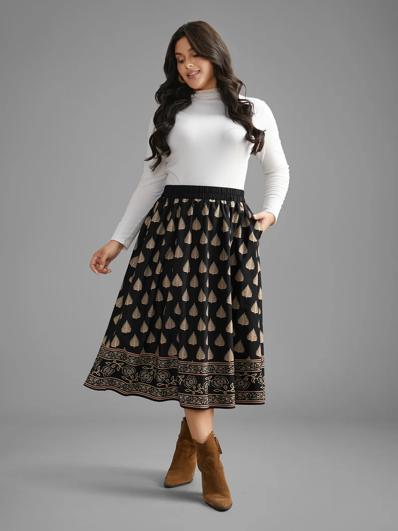 Boho Print Elastic Waist Pocket Skirt