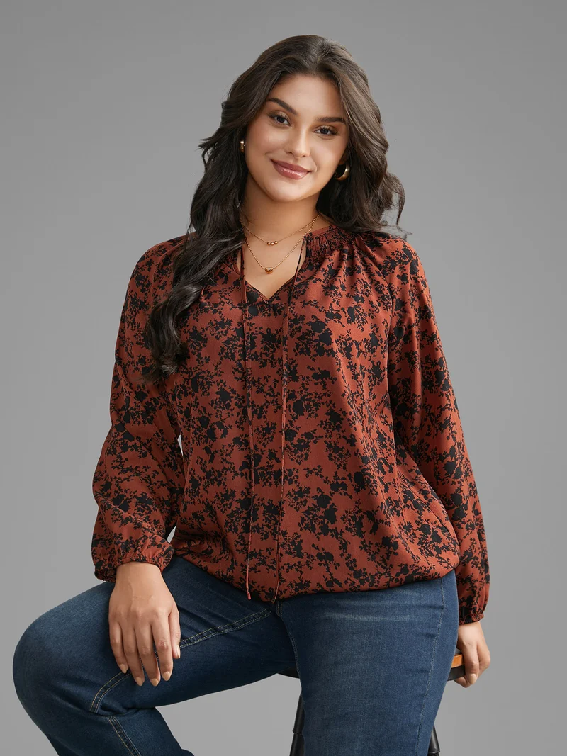 Silhouette Floral Print Shirred Gathered Blouse