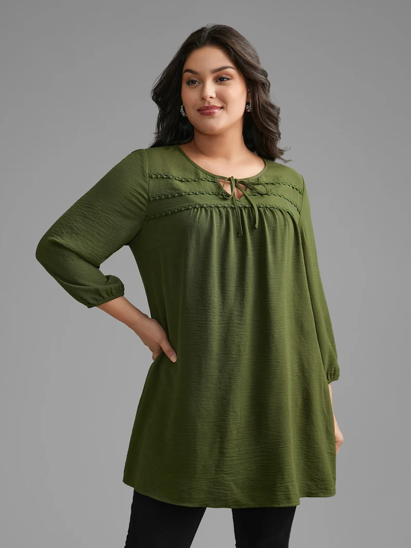 Woven Ribbon Tie Knot Gathered Blouse