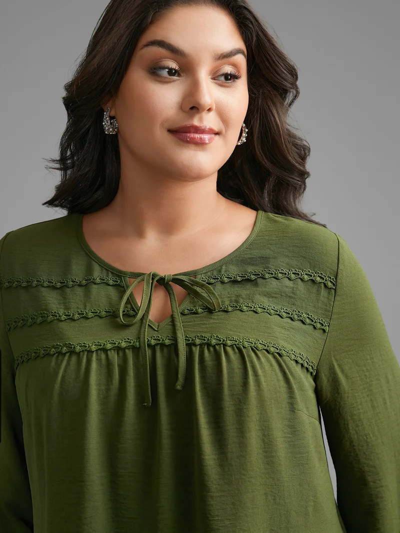 Woven Ribbon Tie Knot Gathered Blouse