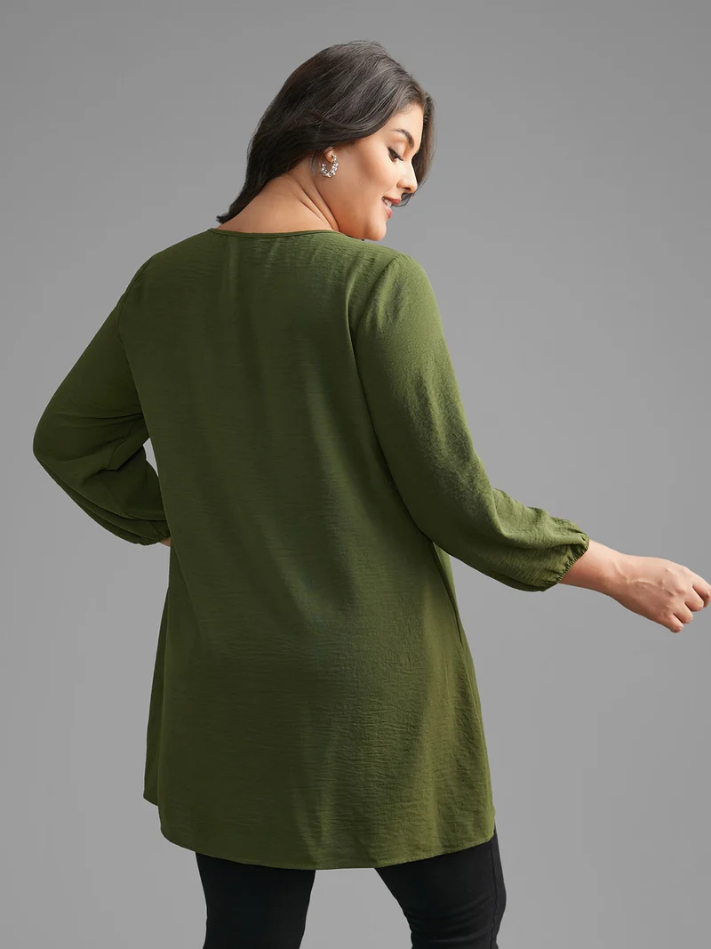 Woven Ribbon Tie Knot Gathered Blouse
