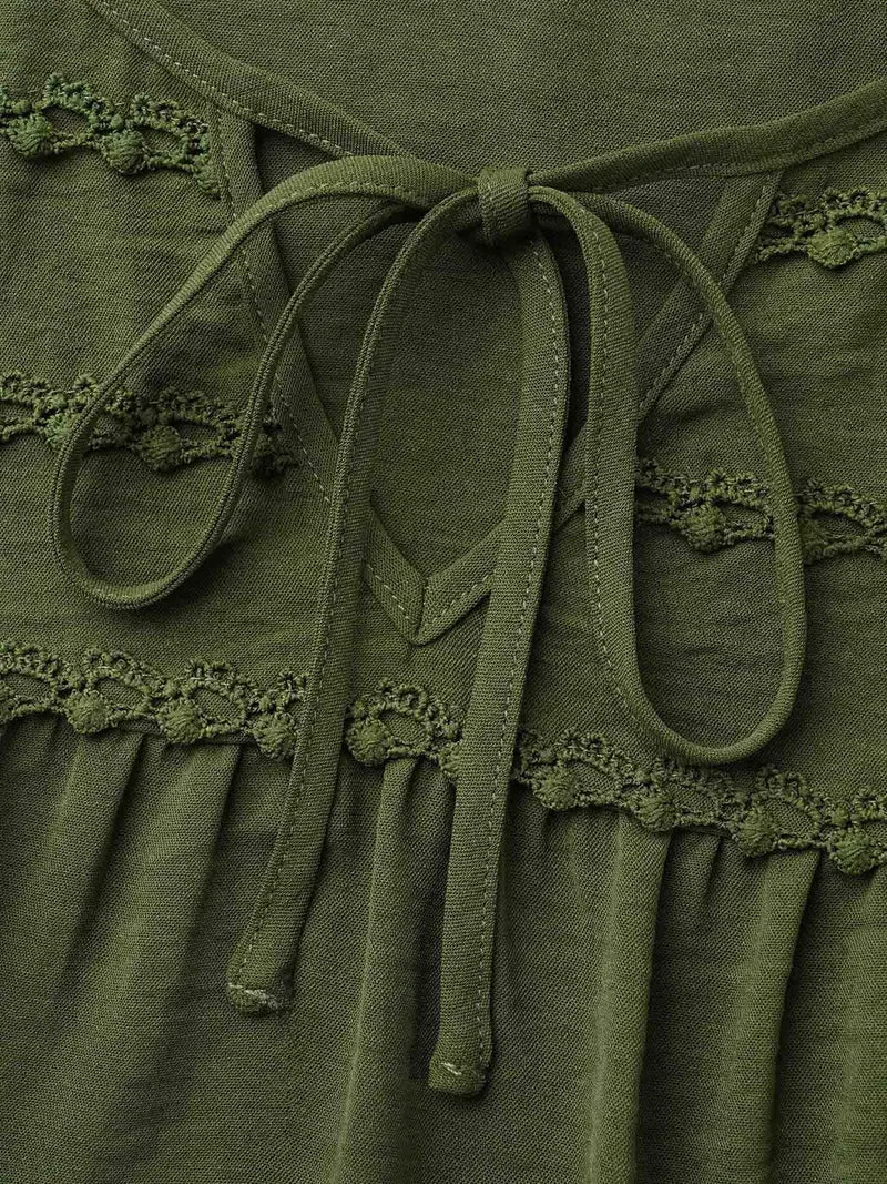 Woven Ribbon Tie Knot Gathered Blouse