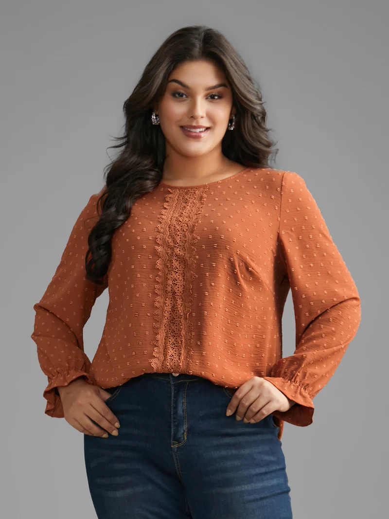 Textured Lace Panel Lantern Sleeve Blouse