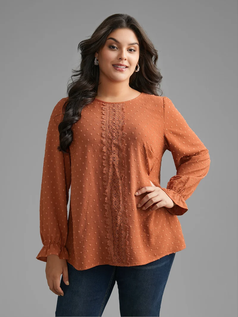 Textured Lace Panel Lantern Sleeve Blouse