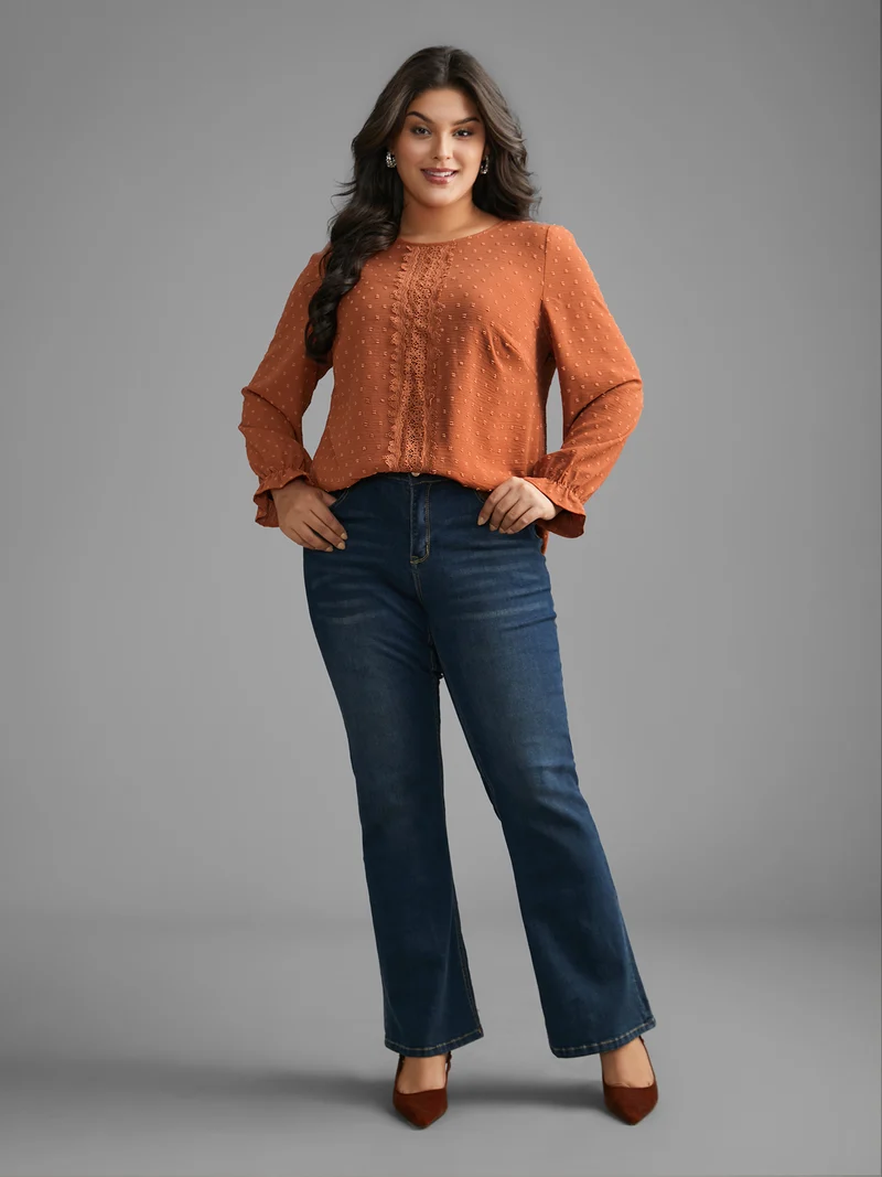 Textured Lace Panel Lantern Sleeve Blouse