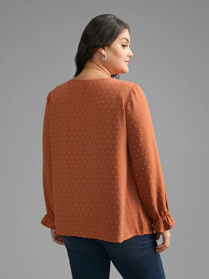 Textured Lace Panel Lantern Sleeve Blouse