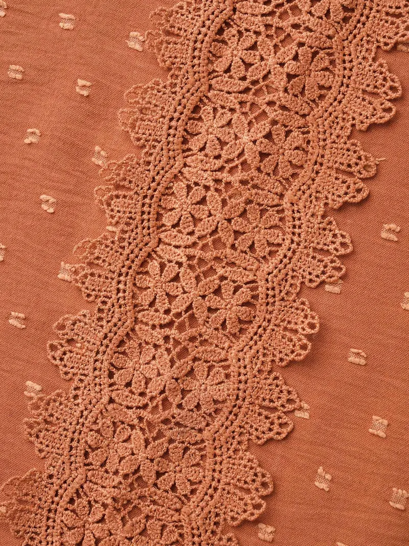 Textured Lace Panel Lantern Sleeve Blouse