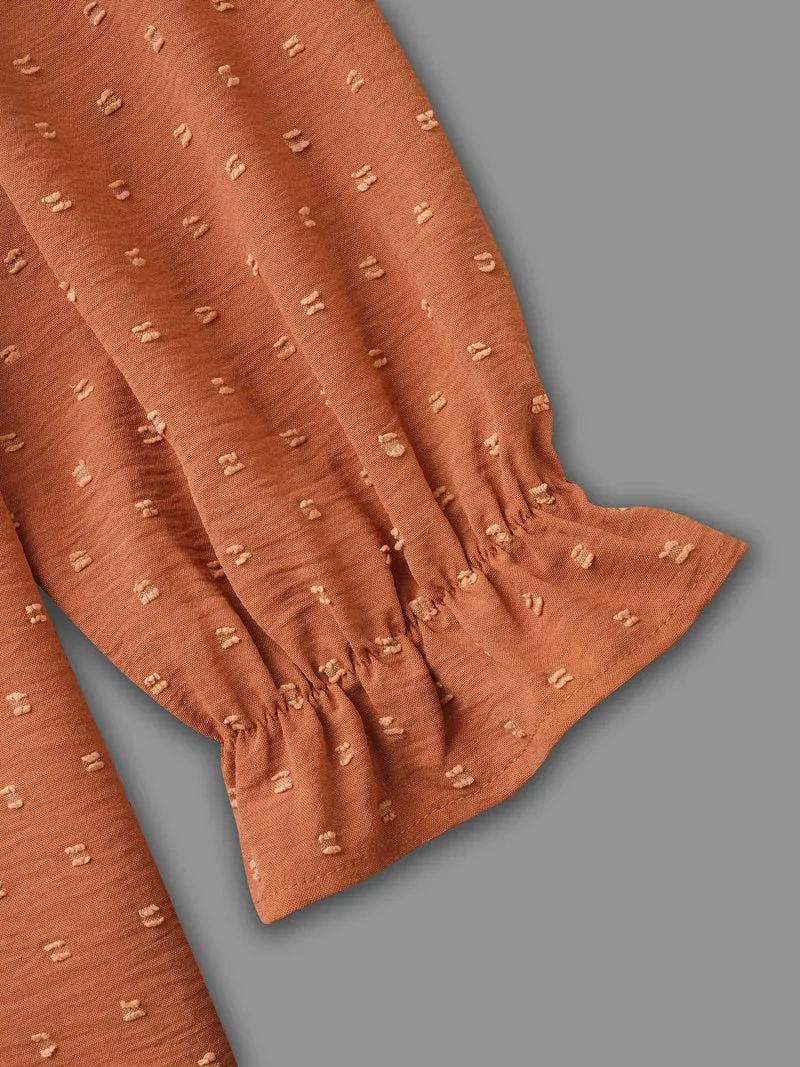 Textured Lace Panel Lantern Sleeve Blouse