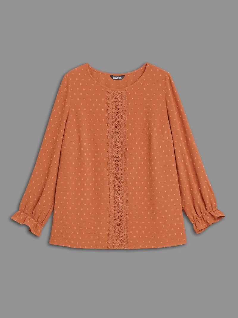 Textured Lace Panel Lantern Sleeve Blouse