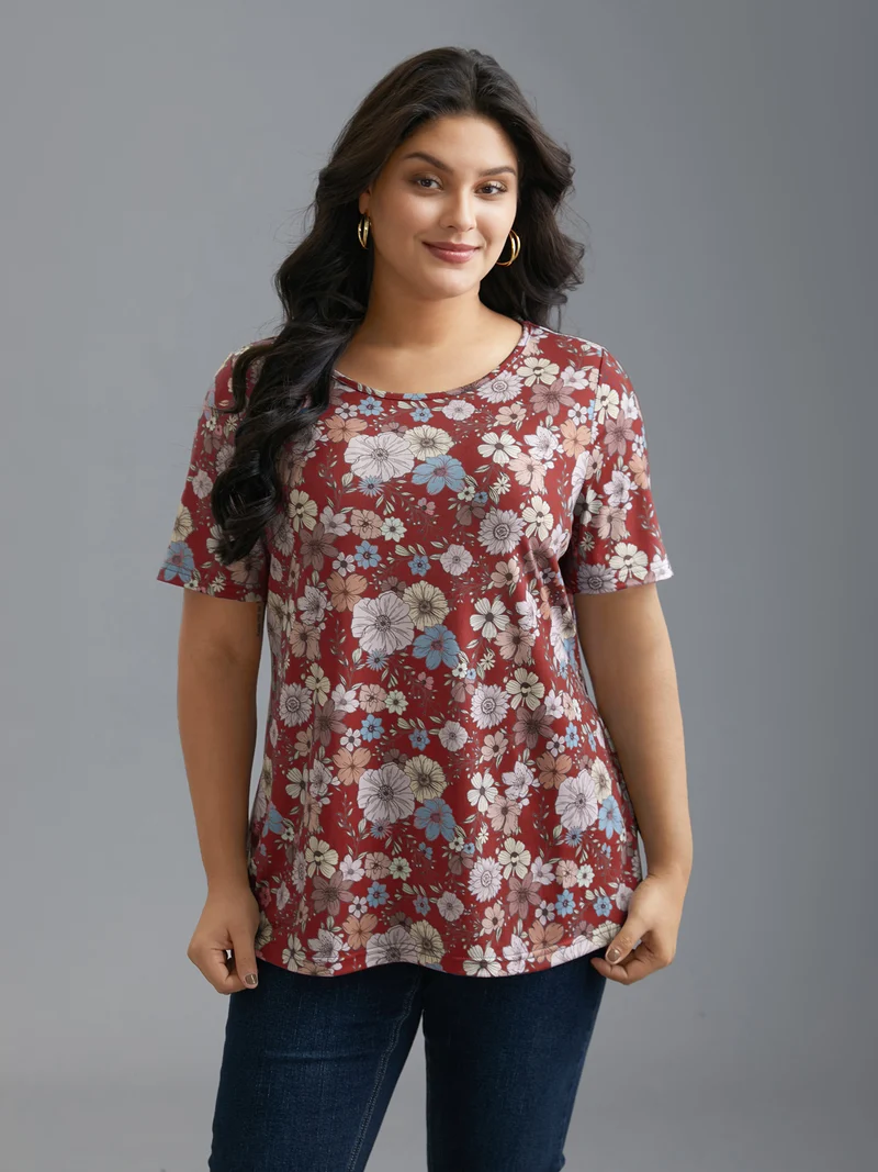 Crew Neck Floral Print Stretchy T-Shirt