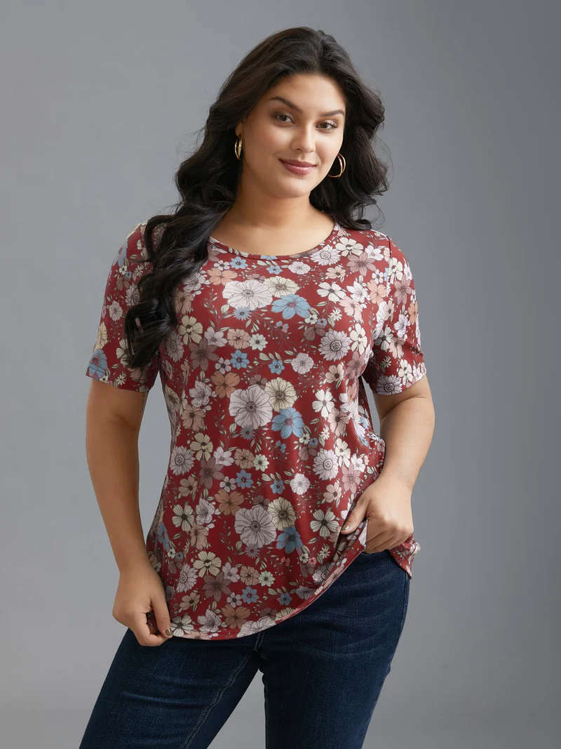Crew Neck Floral Print Stretchy T-Shirt