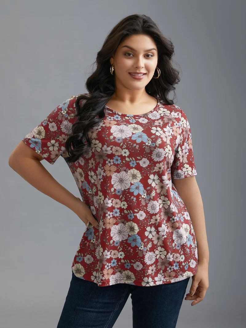 Crew Neck Floral Print Stretchy T-Shirt