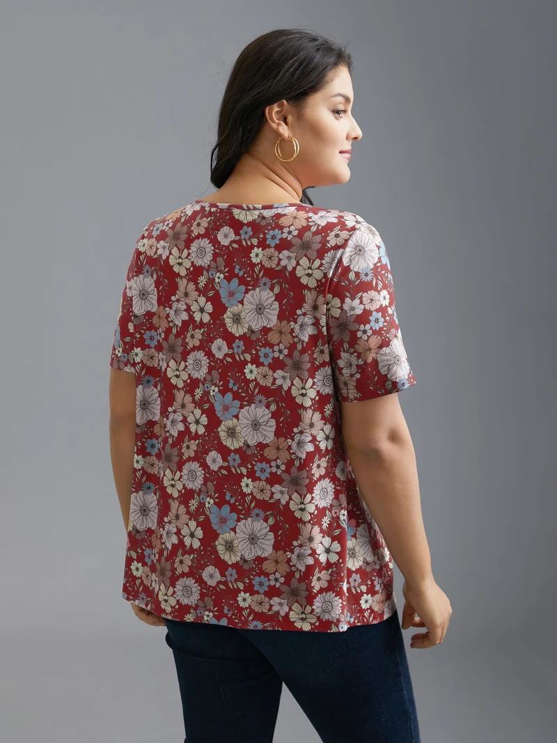 Crew Neck Floral Print Stretchy T-Shirt