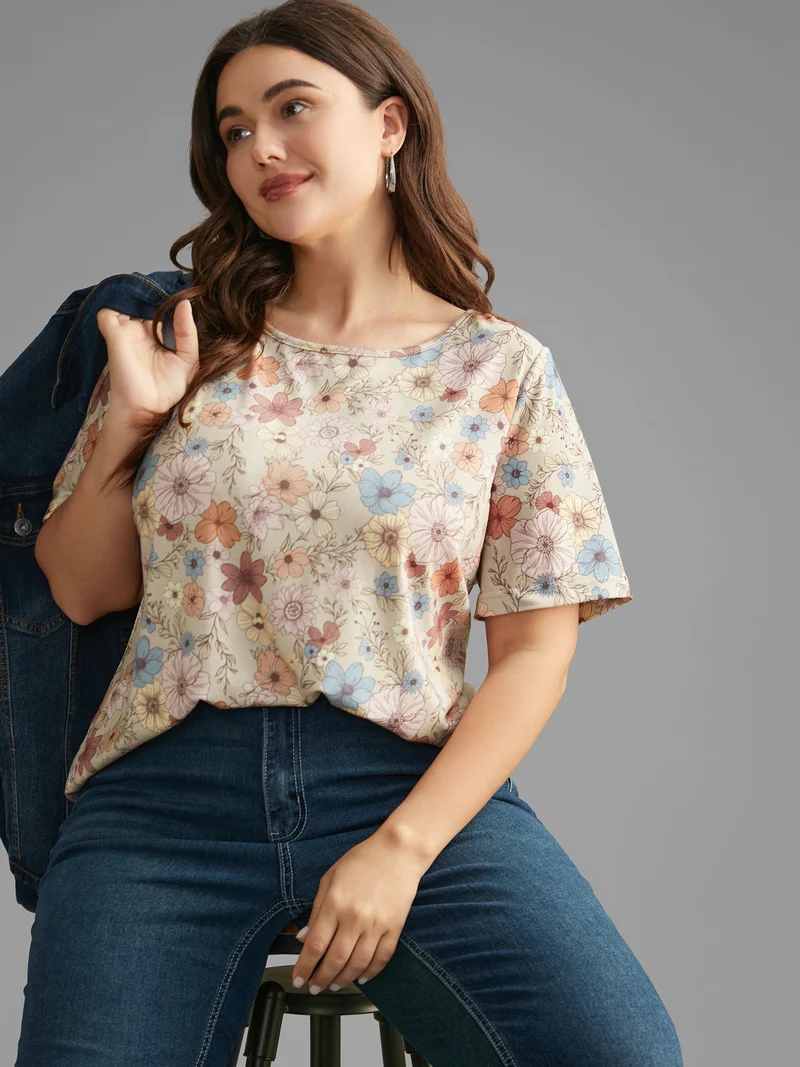 Crew Neck Floral Print Stretchy T-Shirt