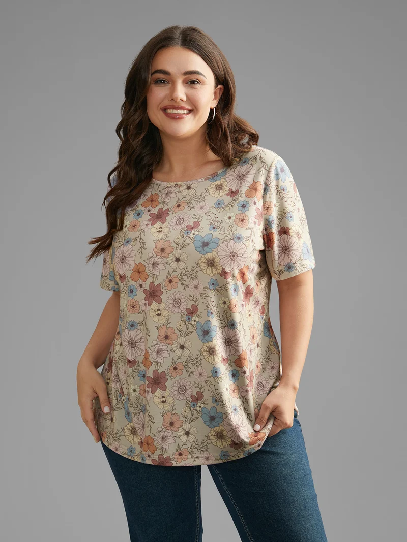 Crew Neck Floral Print Stretchy T-Shirt