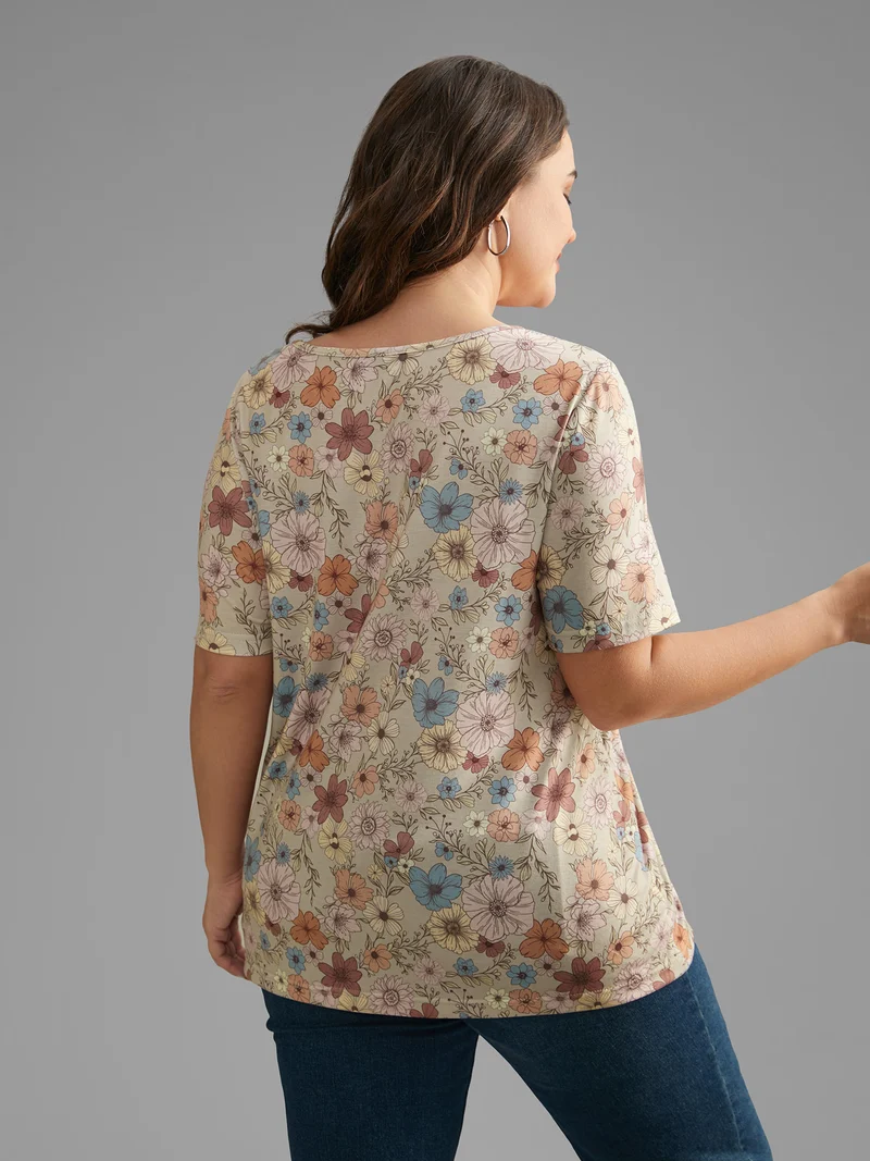 Crew Neck Floral Print Stretchy T-Shirt
