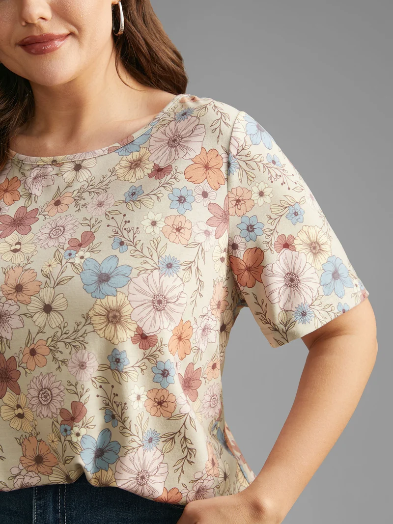 Crew Neck Floral Print Stretchy T-Shirt