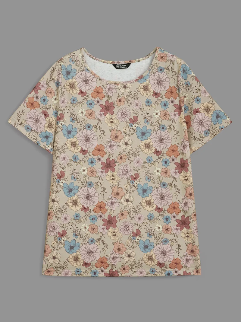 Crew Neck Floral Print Stretchy T-Shirt