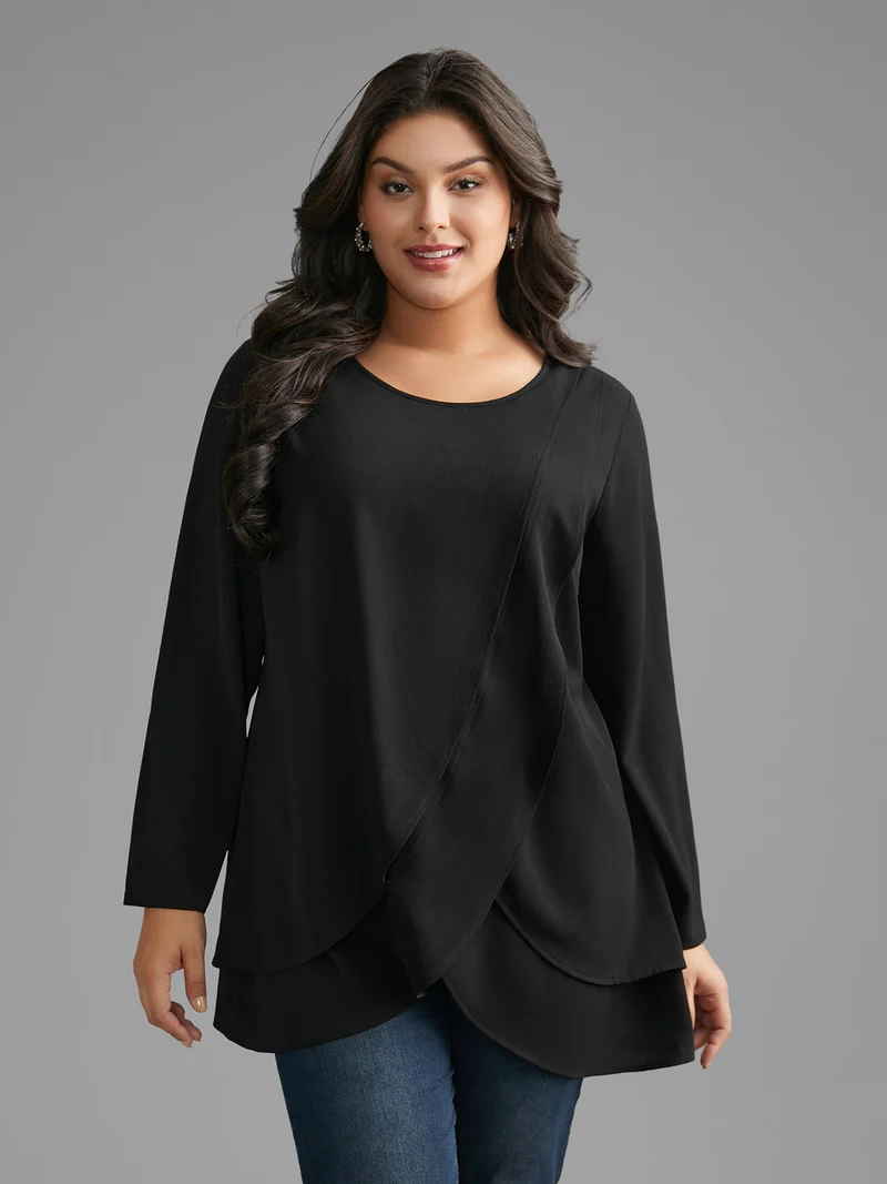 Crew Neck Wrap Tiered Ruffles Blouse
