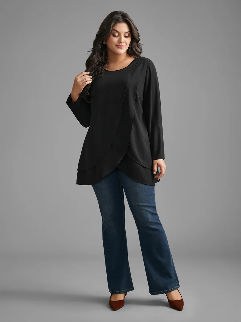 Crew Neck Wrap Tiered Ruffles Blouse