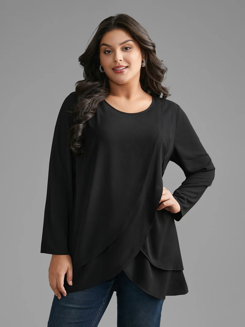 Crew Neck Wrap Tiered Ruffles Blouse