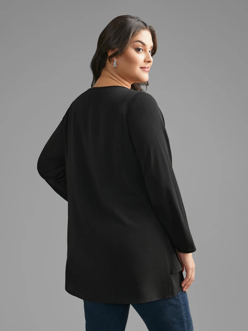 Crew Neck Wrap Tiered Ruffles Blouse