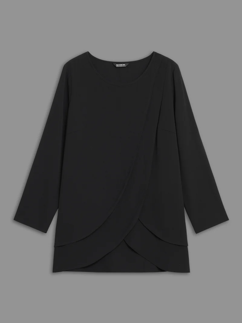 Crew Neck Wrap Tiered Ruffles Blouse