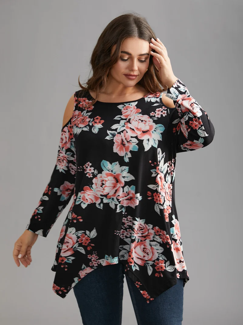 Floral Print Shoulder Cut-Out T-shirt