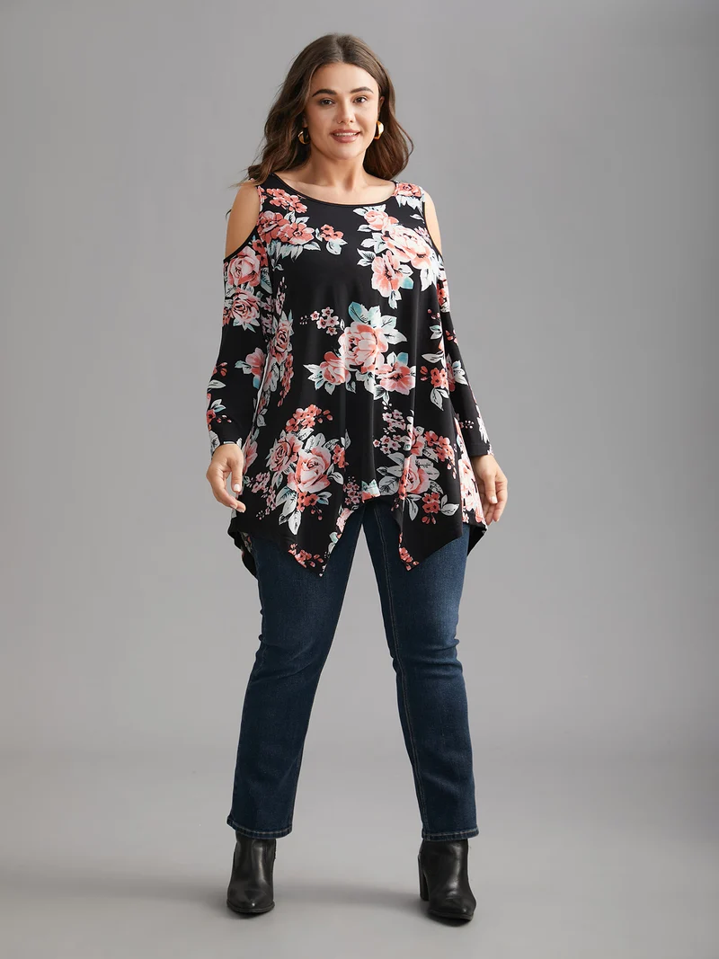 Floral Print Shoulder Cut-Out T-shirt