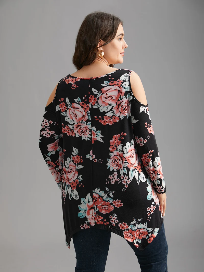 Floral Print Shoulder Cut-Out T-shirt