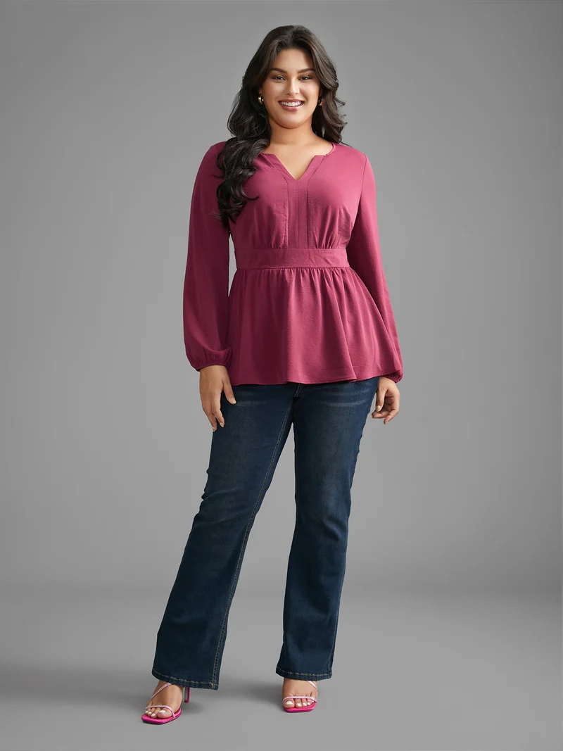 Notched Collar Gathered Lantern Sleeve Blouse