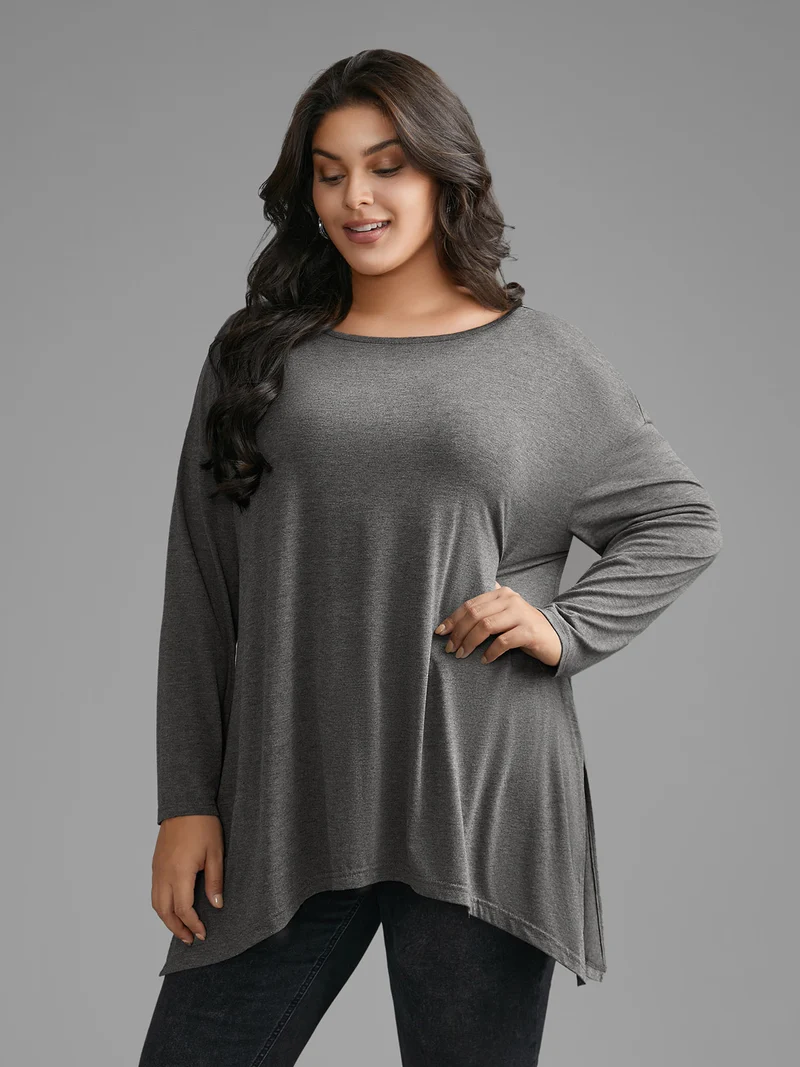 Plain Boat Neck Asymmetrical Hem T-shirt