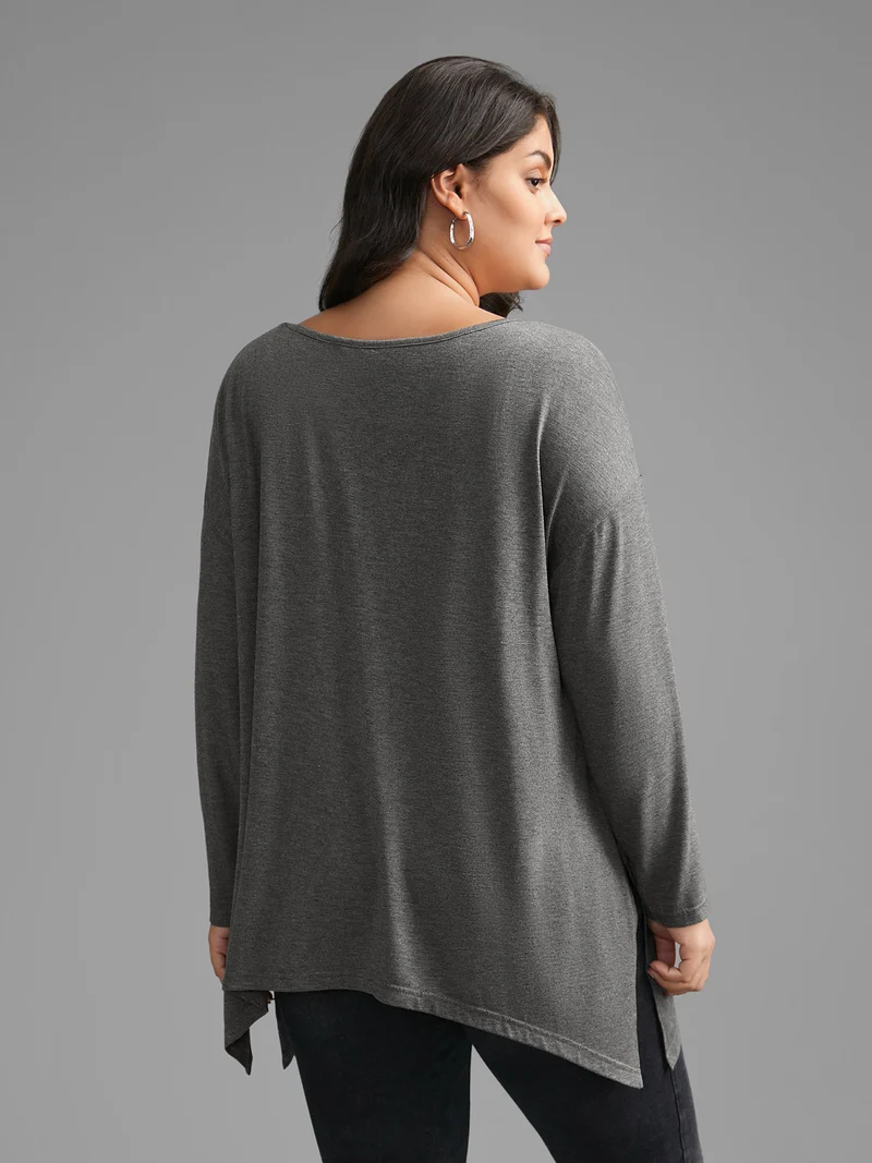 Plain Boat Neck Asymmetrical Hem T-shirt