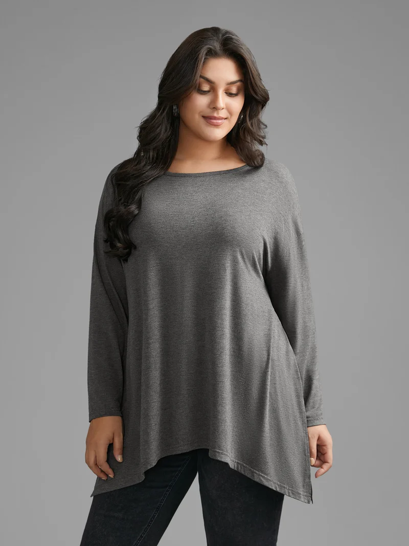 Plain Boat Neck Asymmetrical Hem T-shirt
