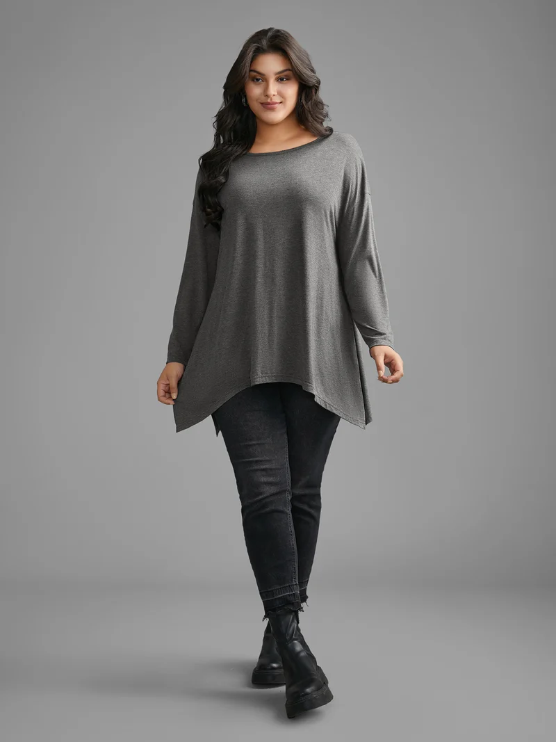 Plain Boat Neck Asymmetrical Hem T-shirt