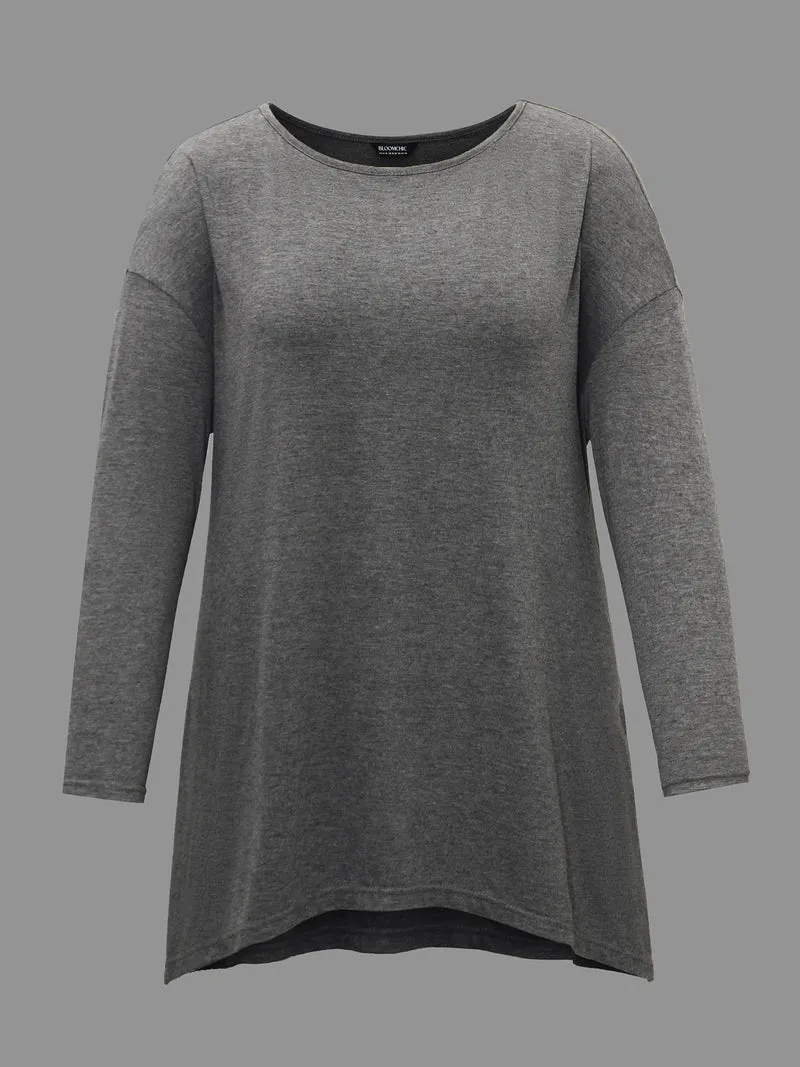 Plain Boat Neck Asymmetrical Hem T-shirt