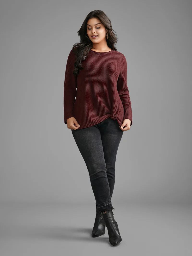 Round Neck Waffle Knit Twist Front T-shirt