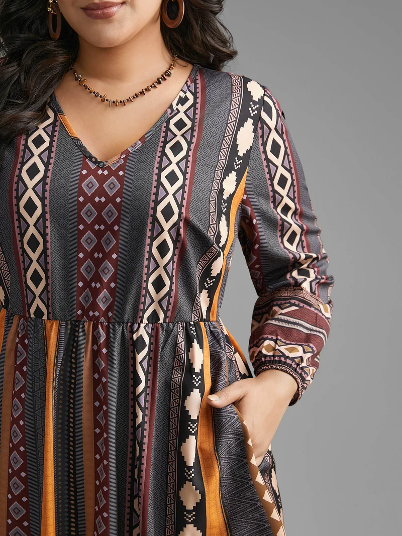Bandana Striped Lantern Sleeve Midi Dress
